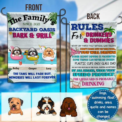 89Customized Dogs Poolside Oasis Bark & Grill Funny Personalized 2 Sided Flag