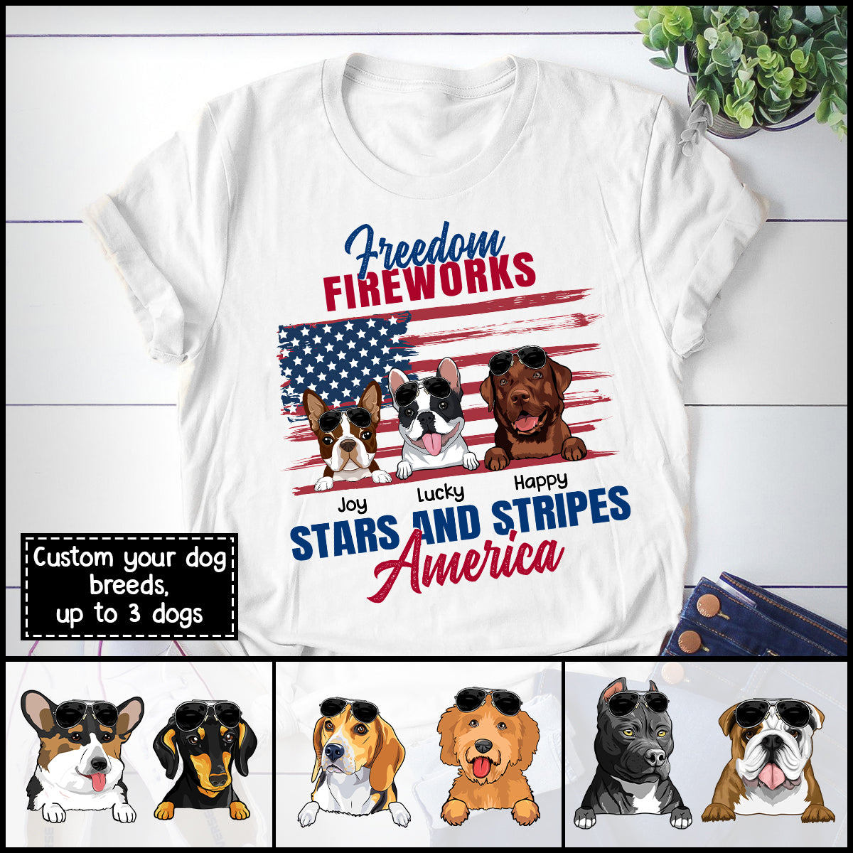 89Customized Freedom fireworks star and stripes America 4th of July Dog Customized Shirt