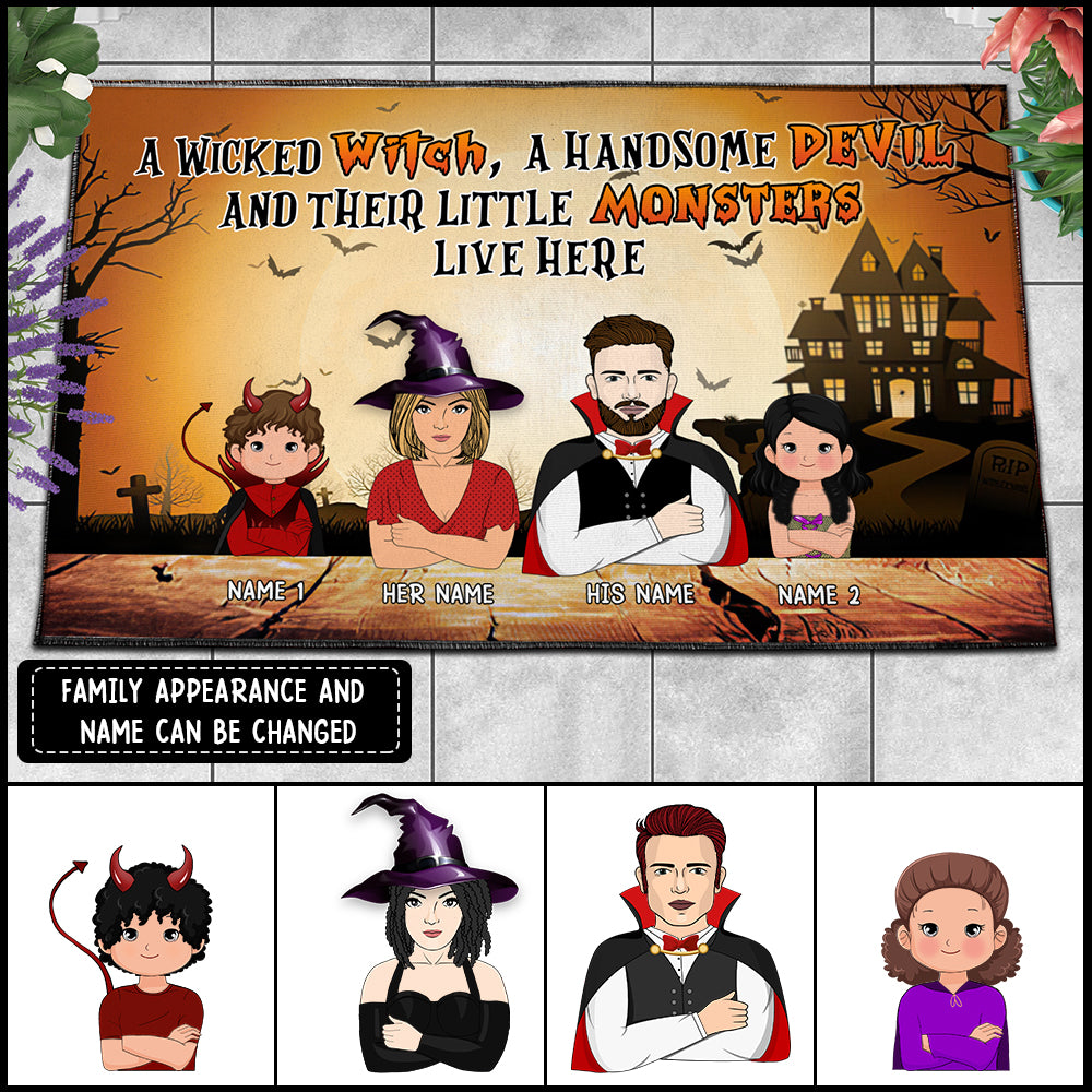 89Customized The wicked witch and her little monsters live here with one handsome devil Customized Doormat