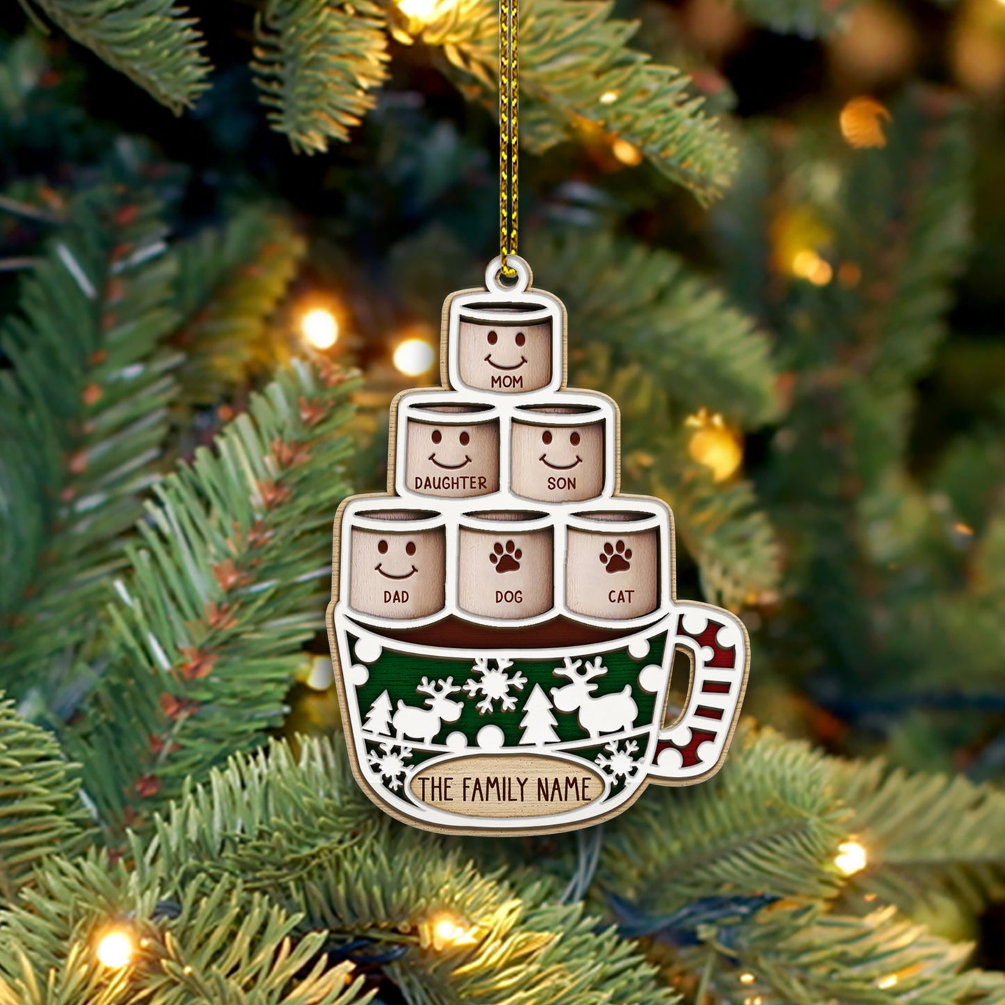 89Customized Hot Chocolate Marshmallows family personalized layered ornament