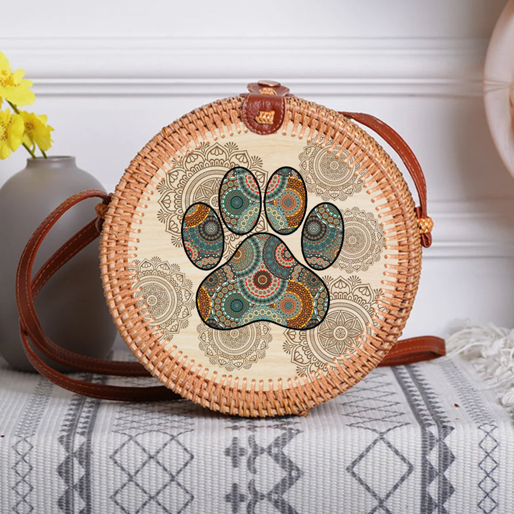 89 Customeized Dog Lovers Mandala Personalized Rattan Straw Bag