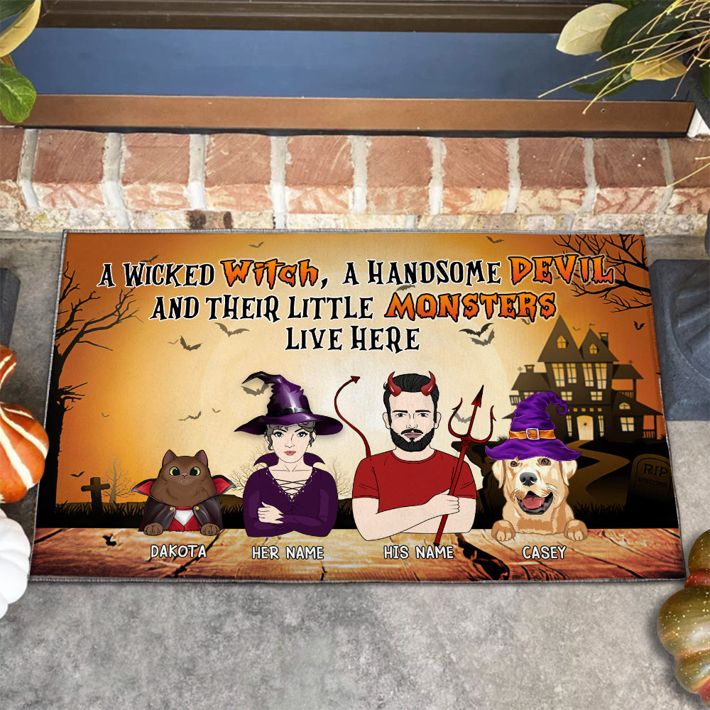 89Customized The wicked witch and her little monsters live here with one handsome devil Customized Doormat