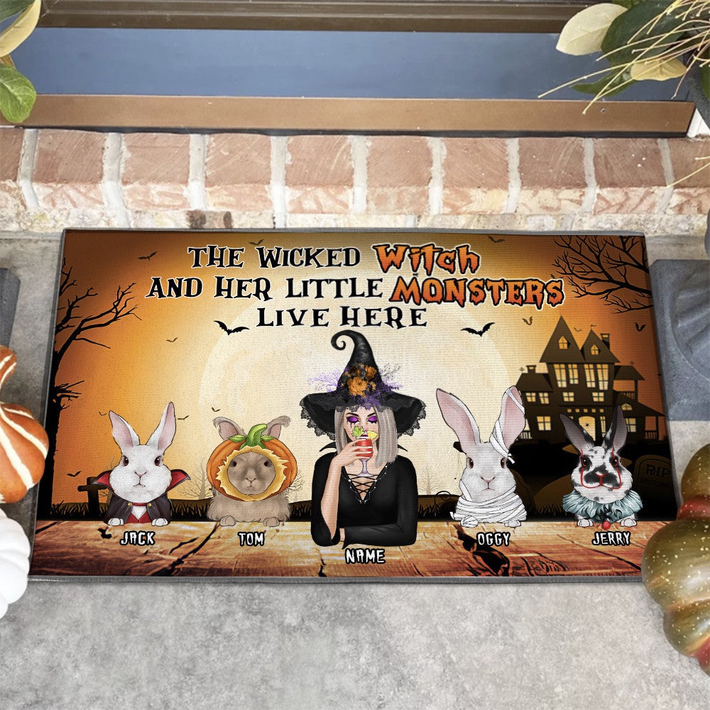 89Customized A wicked witch and her little monsters live here Rabbit Lovers Personalized Doormat