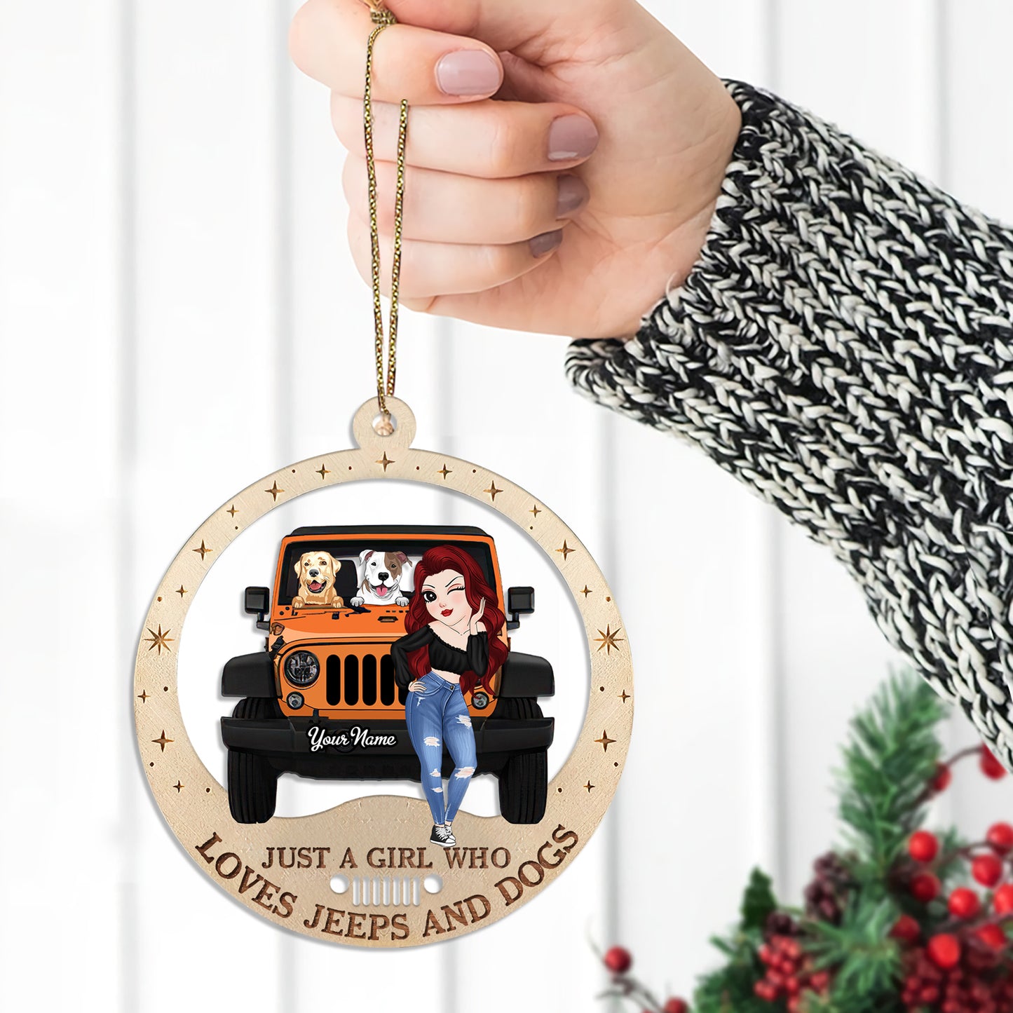89Customized Jeep girl and dogs Customized Ornament