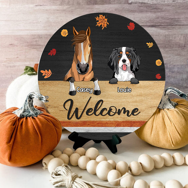 89Customized Fall Season Dogs And Horses Welcome Personalized Wood Sign