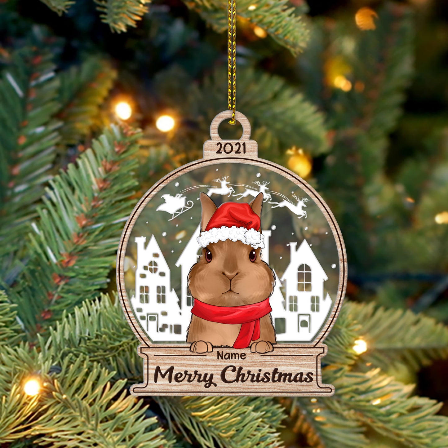 89Customized Snowglobe Christmas Rabbit Lovers 3D 2 Layered Mix Ornament