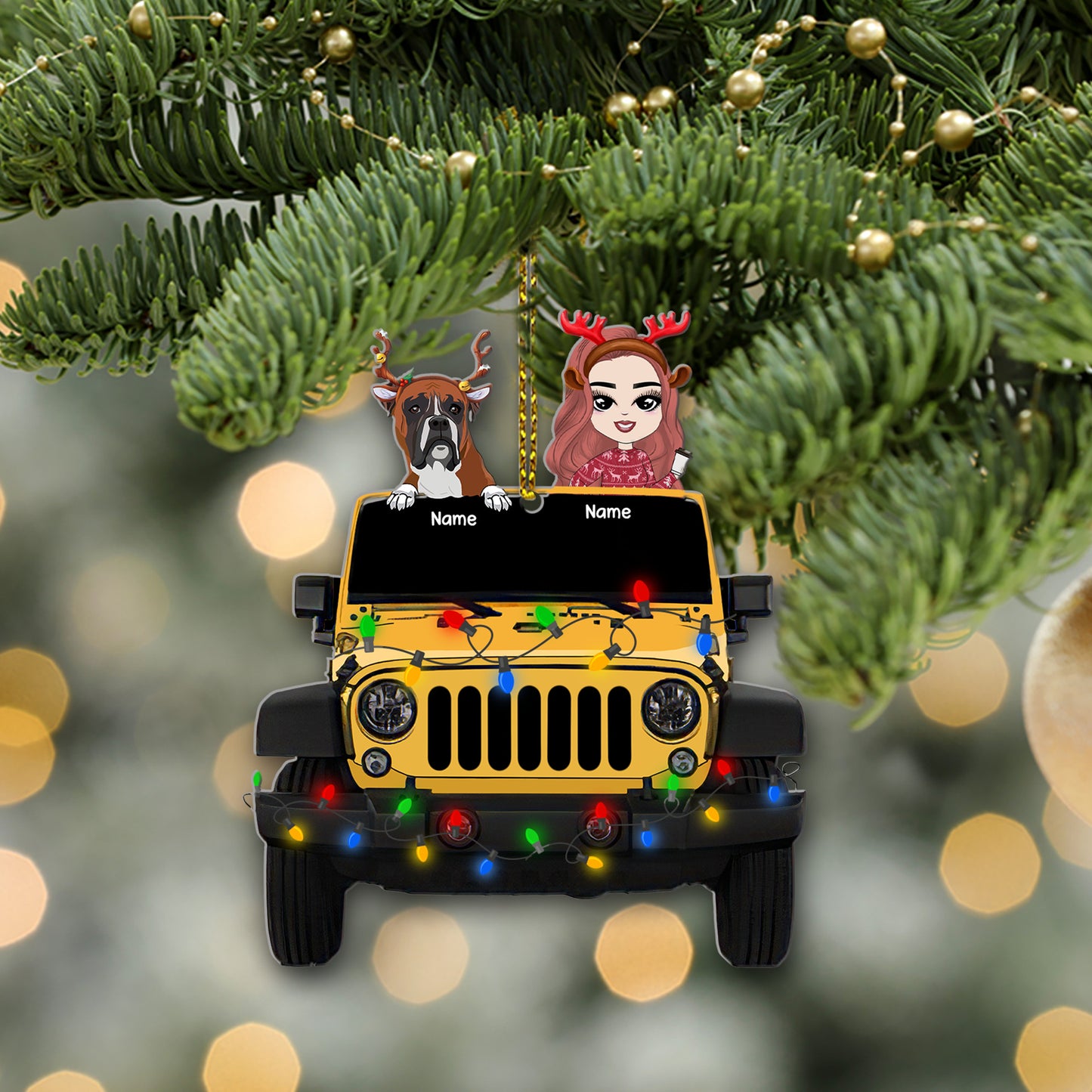 89Customized Christmas Jeep Girl And Dogs Personalized Ornament