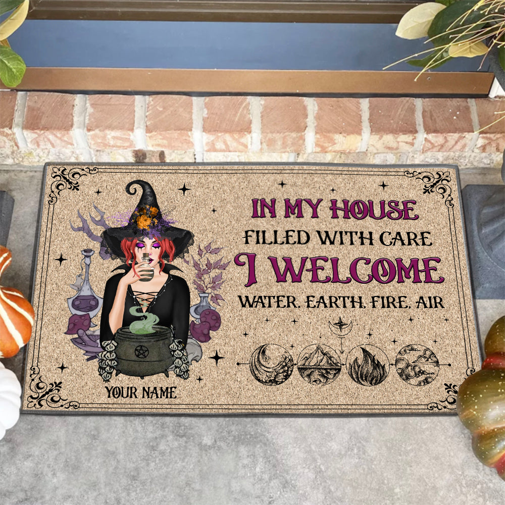 89Customized In this house I welcome water, earth, fire, air Customized Doormat