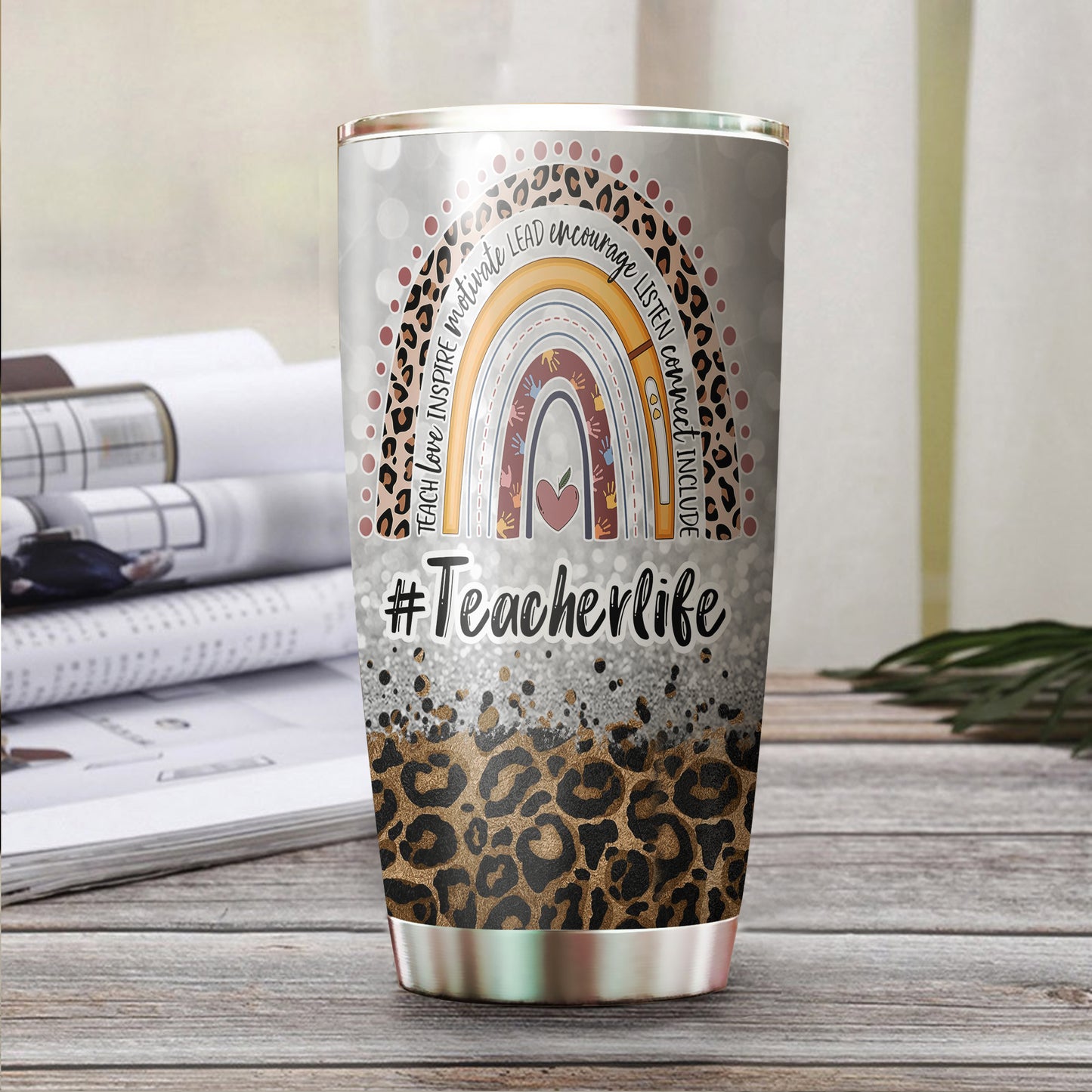 89Customized Leopard Glitter Teach Love Inspire Customized Tumbler