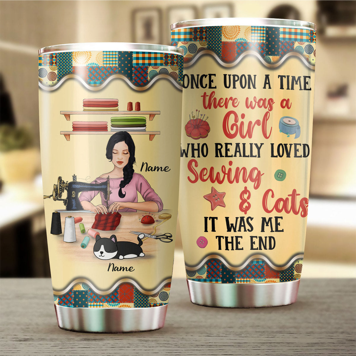 89Customized Once upon a time there was a girl who really loved sewing & cat It was me The end Personalized Tumbler
