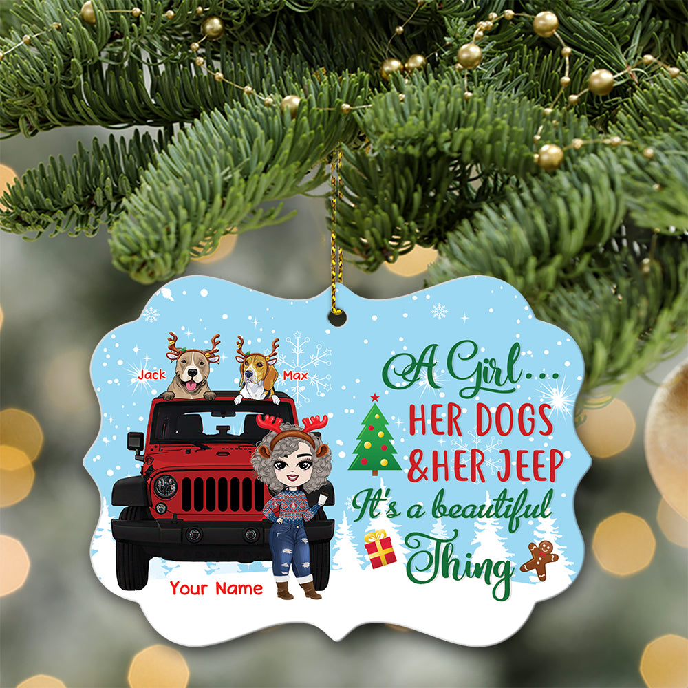 89Customized A Girl Her Dogs And Her Jeep It's A Beautiful Thing Personalized Ornament