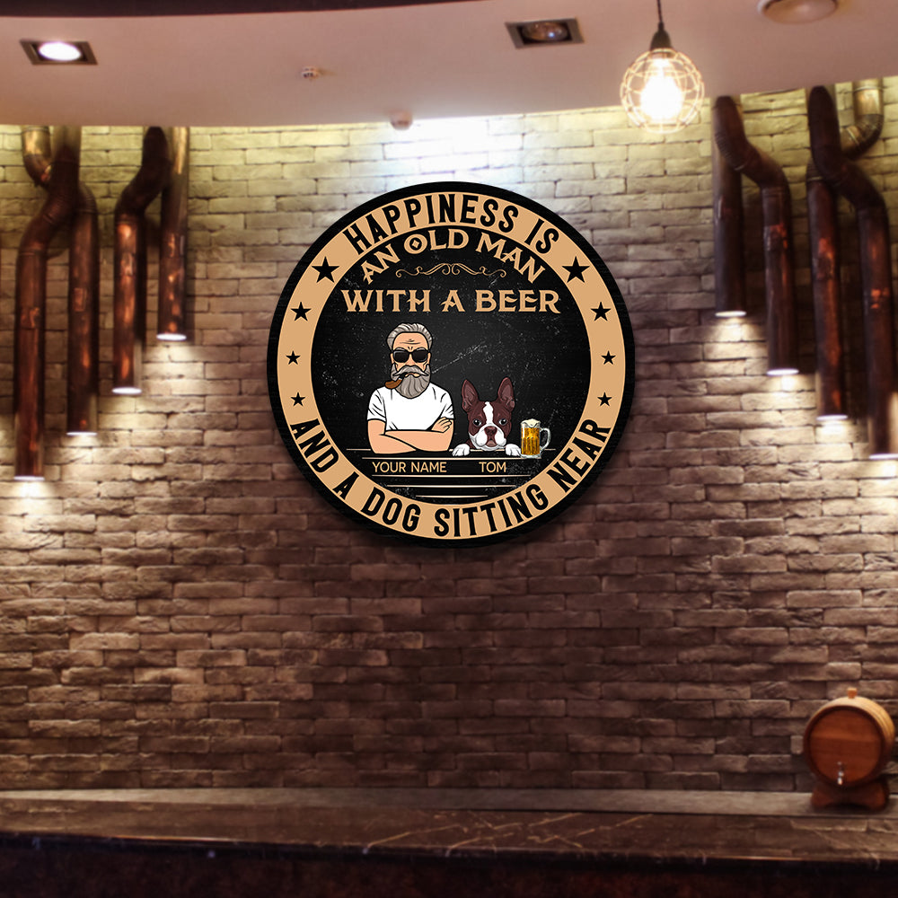 89Customized Old man with a beer and a dog sitting near Customized Wood Sign
