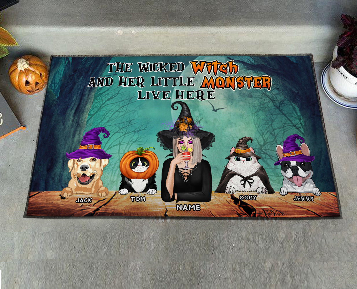89Customized A wicked witch and her little monsters live here Pet and Witch Customized Doormat