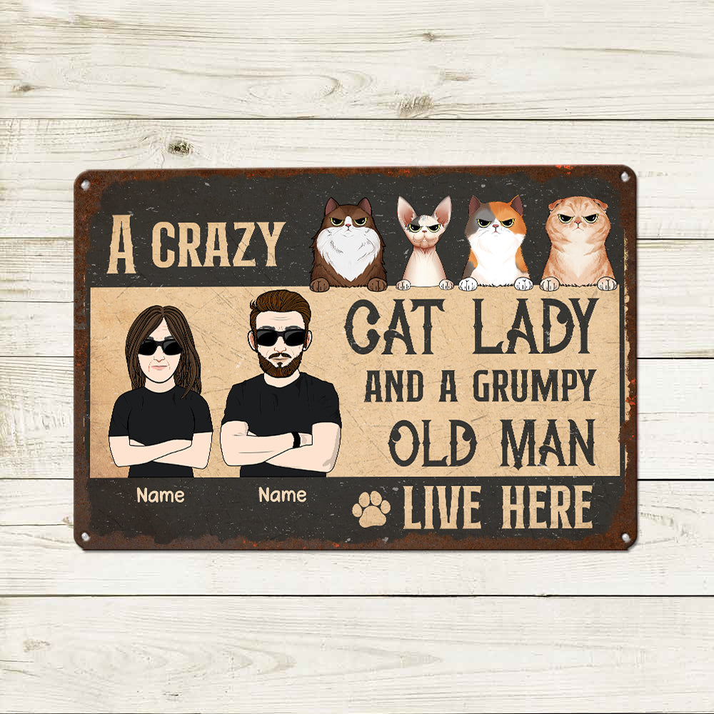 89Customized A crazy cat lady and a grumpy old man live here Personalized Printed Metal Sign