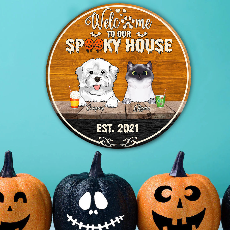 89Customized Welcome To Our Spooky House Personalized Wood Sign