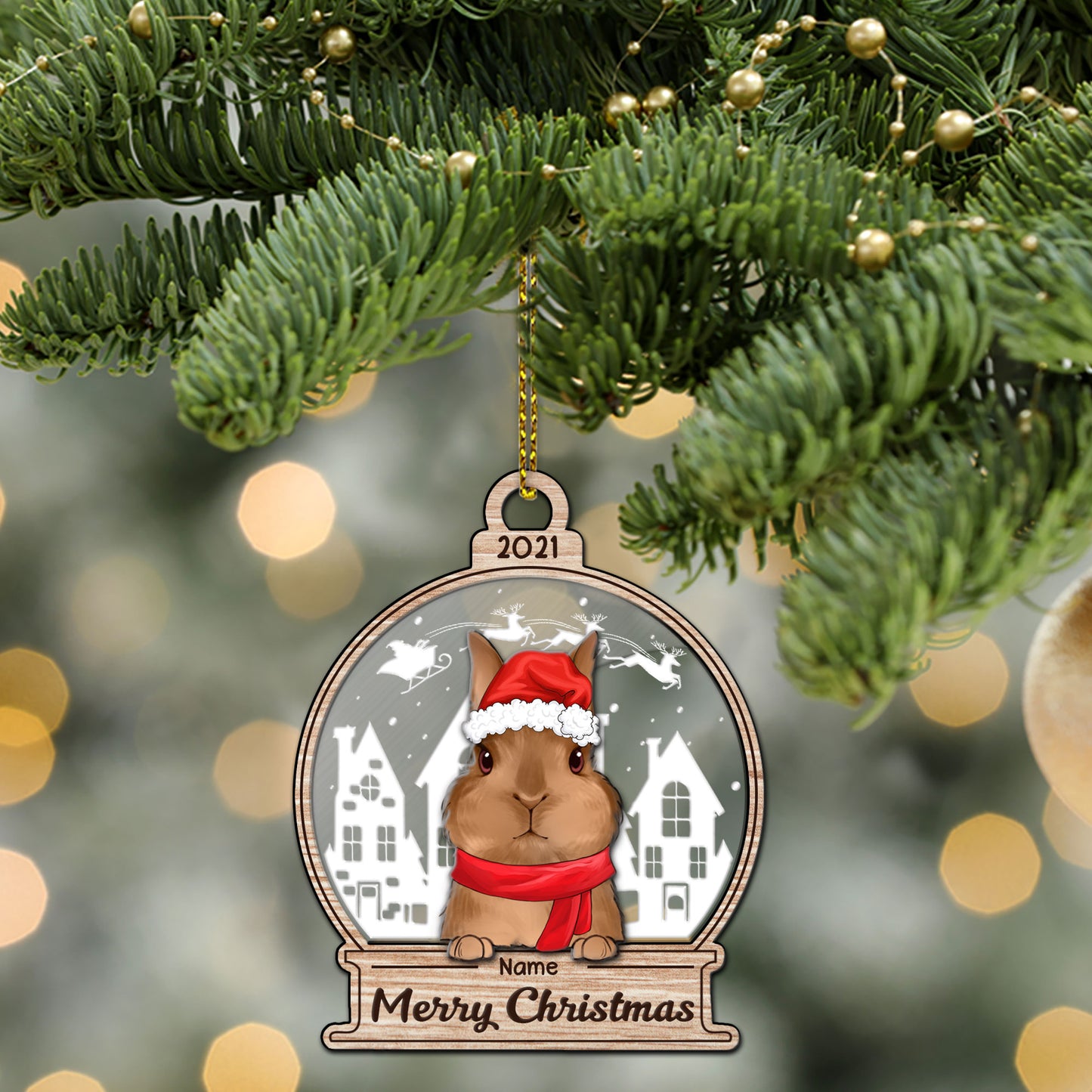 89Customized Snowglobe Christmas Rabbit Lovers 3D 2 Layered Mix Ornament