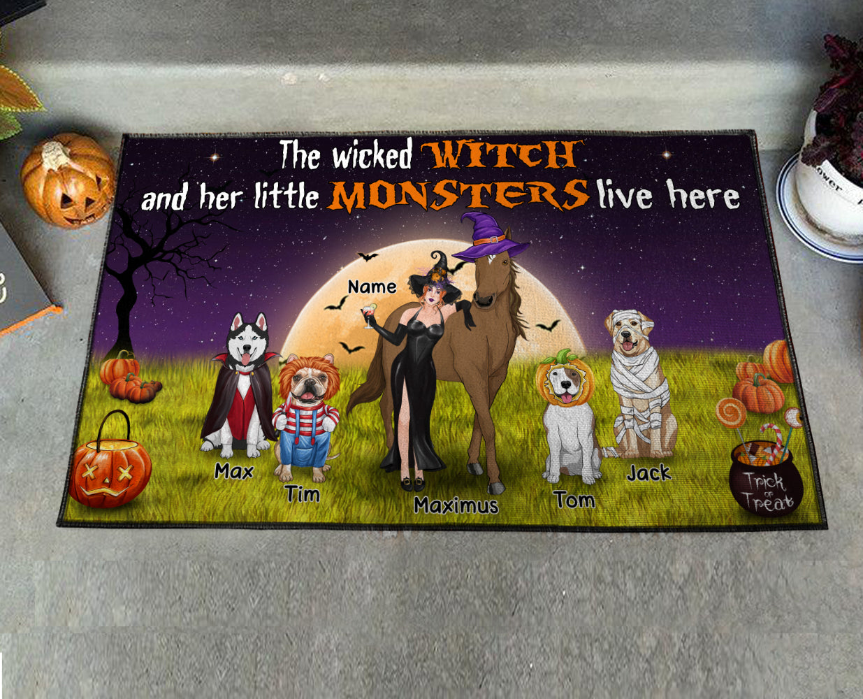 89Customized The Wicked Witch And Her Little Monsters Horses And Dogs Live Here Personalized Doormat
