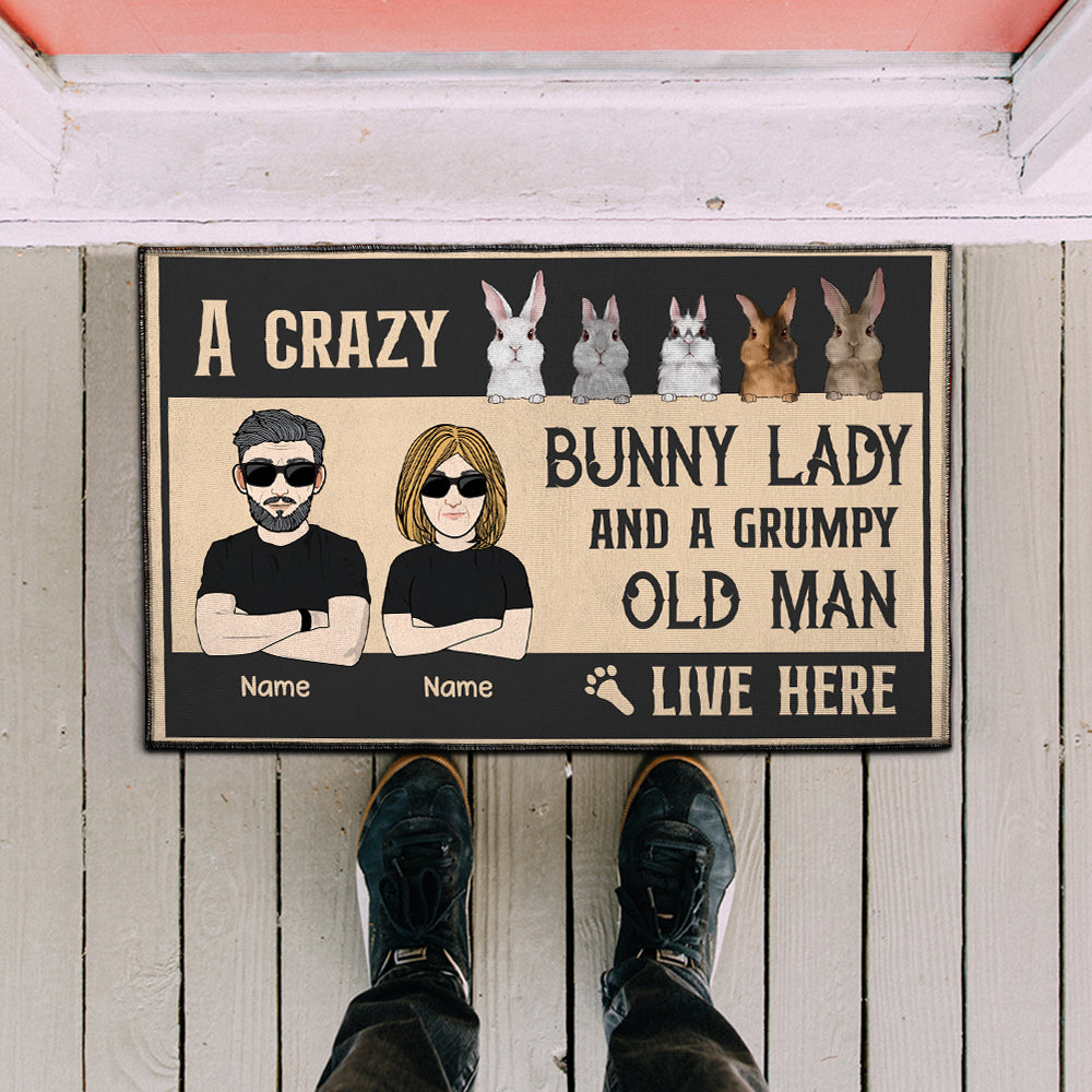 89Customized A crazy bunny lady and a grumpy old man live here Personalized Doormat