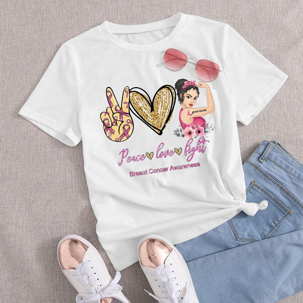 89Customized Peace Love Fight Breast cancer awareness personalized shirt