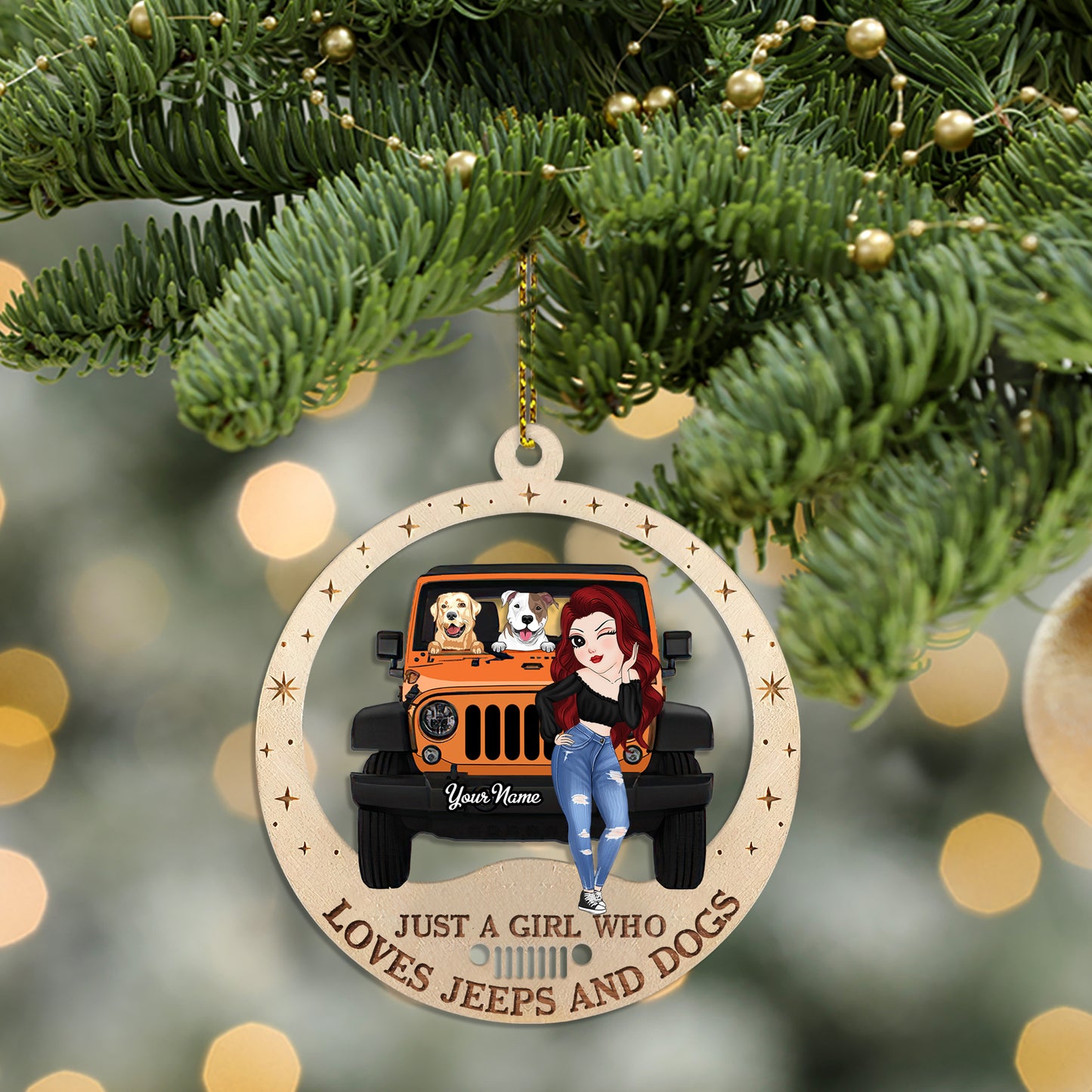 89Customized Jeep girl and dogs Customized Ornament