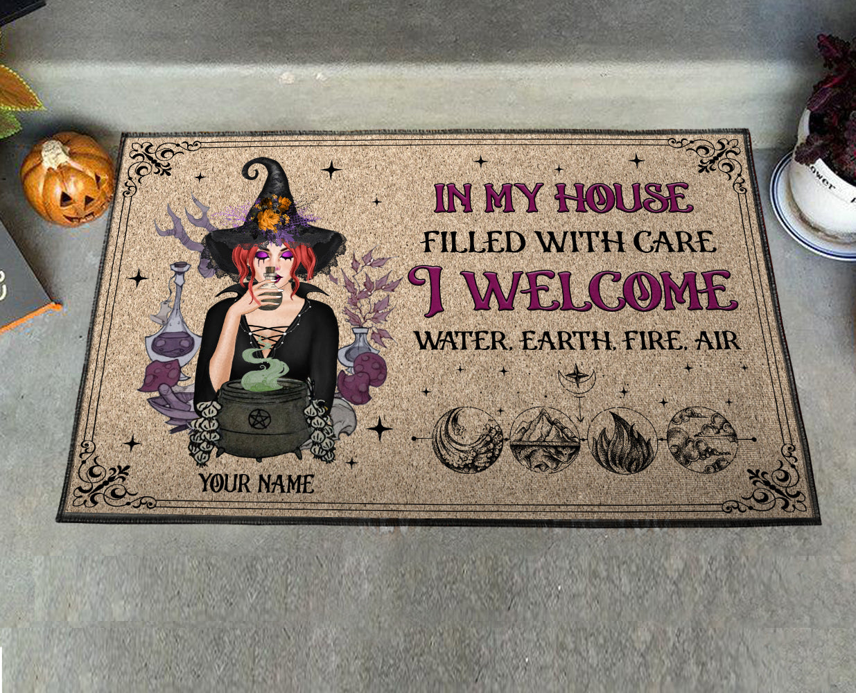 89Customized In this house I welcome water, earth, fire, air Customized Doormat