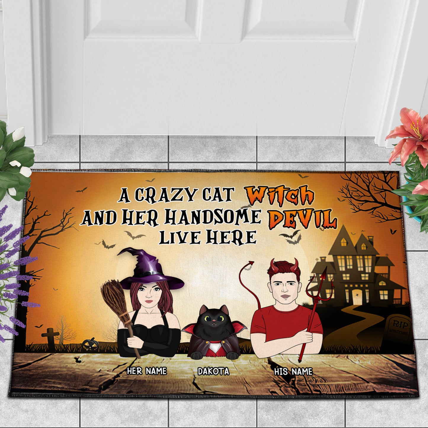 89Customized A crazy cat witch and her handsome devil live here Customized Doormat