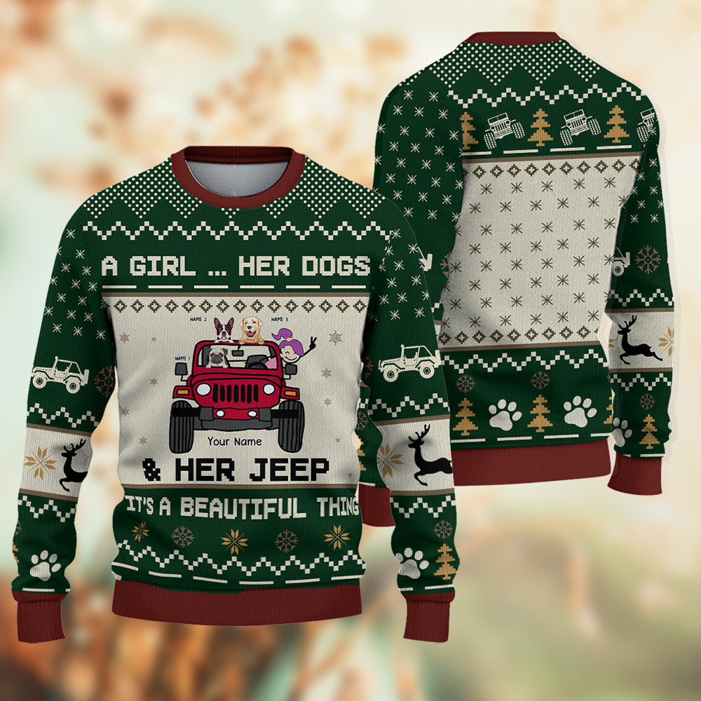 89Customized A girl her dogs & her jeep it's a beautiful thing 3 Customized Ugly Sweater