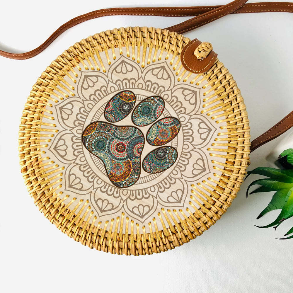 89Customized Dog foot print mandala rattan straw bag
