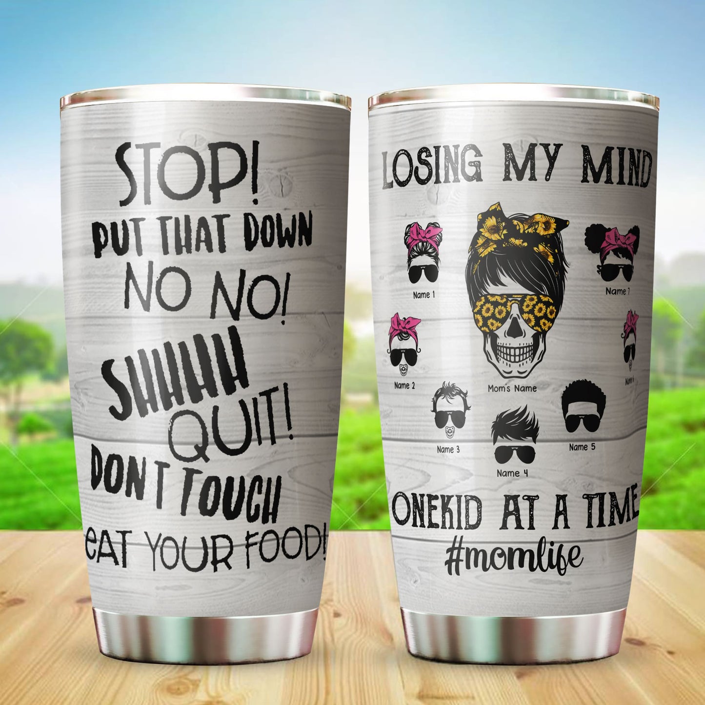 89Customized Losing my mind one kid at a time messy bun mom and kids personalized tumbler