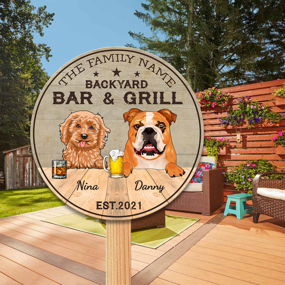 89Customized Backyard Bar & Grill Personalized Wood Sign up to 5 Dogs