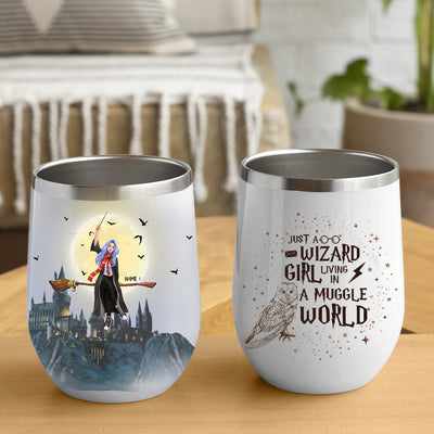 89Customized Just a wizard girl living in a muggle world Wine Tumbler