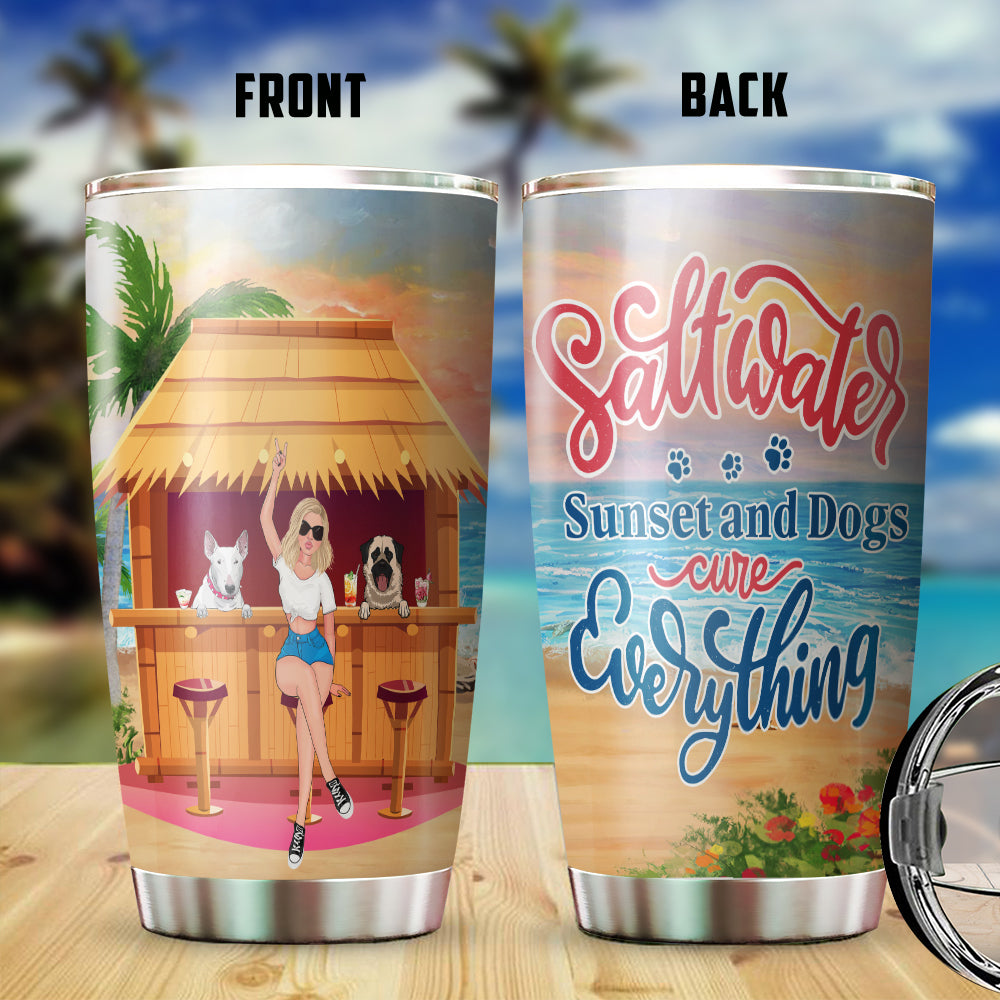 89Customized Saltwater, sunset and dogs cure everything Girl and Dog Customized Tumbler