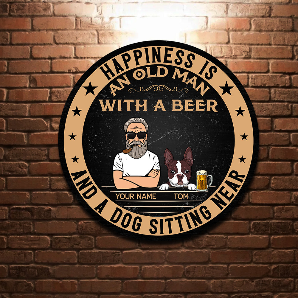 89Customized Old man with a beer and a dog sitting near Customized Wood Sign