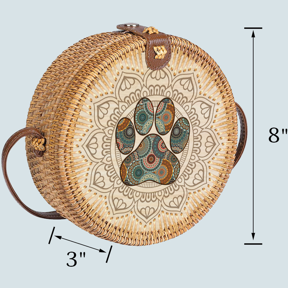 89Customized Dog foot print mandala rattan straw bag