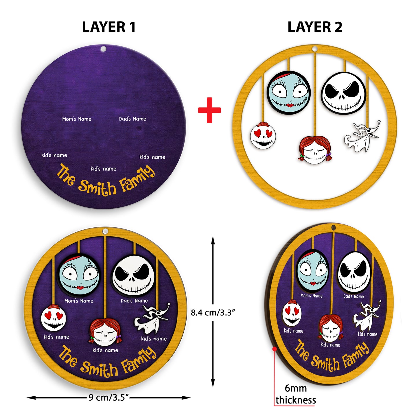 89Customized The nightmare family personalized layered wooden ornament