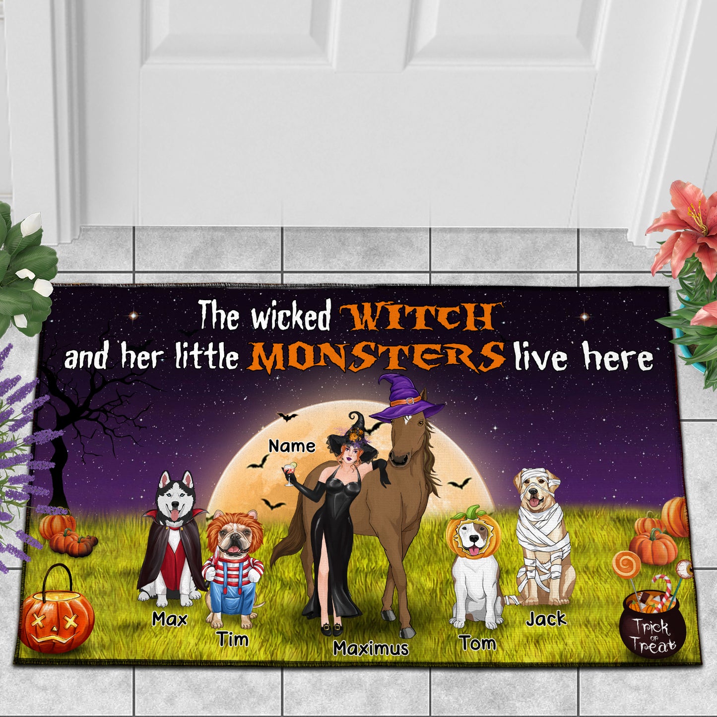 89Customized The Wicked Witch And Her Little Monsters Horses And Dogs Live Here Personalized Doormat