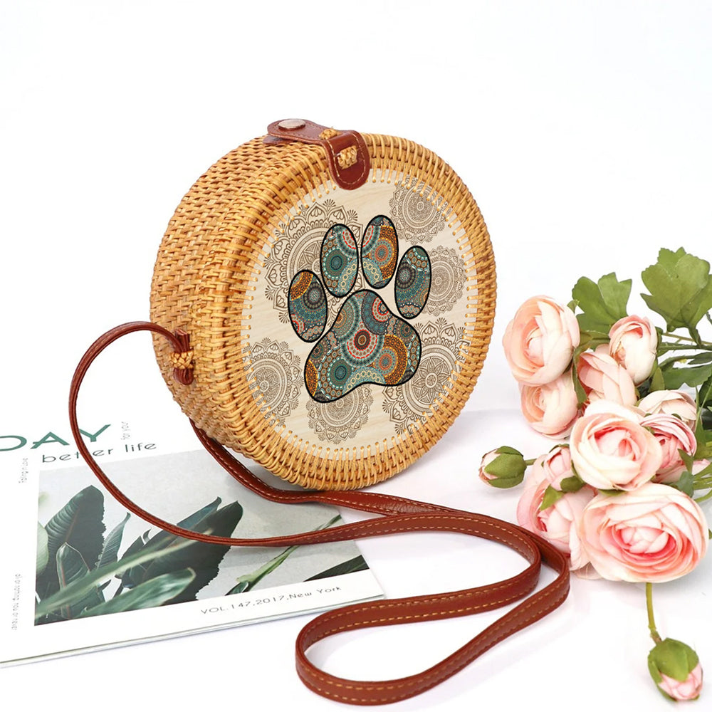 89 Customeized Dog Lovers Mandala Personalized Rattan Straw Bag