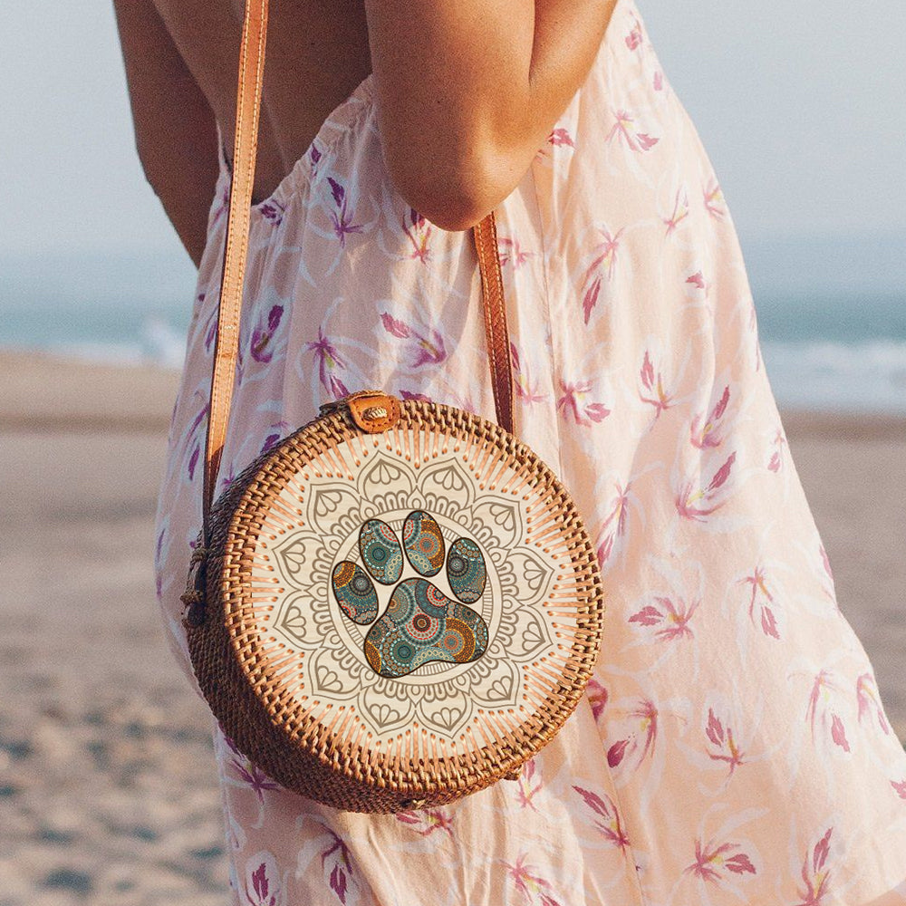 89Customized Dog foot print mandala rattan straw bag