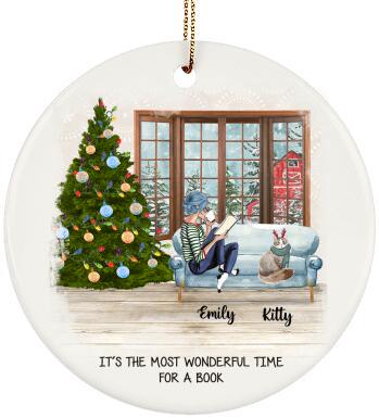 Personalized Circle Ornament Christmas Girl Reading Book Loves Cats