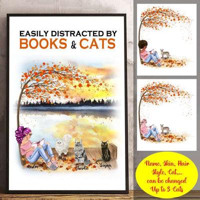 Personalized Poster Autumn Girl Reading Easily Distracted By Books And Cats