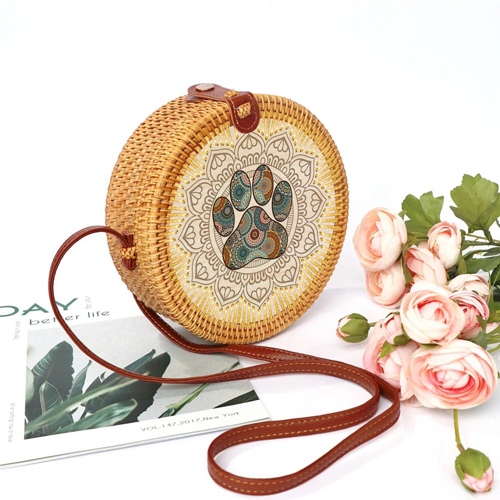 89Customized Dog foot print mandala rattan straw bag