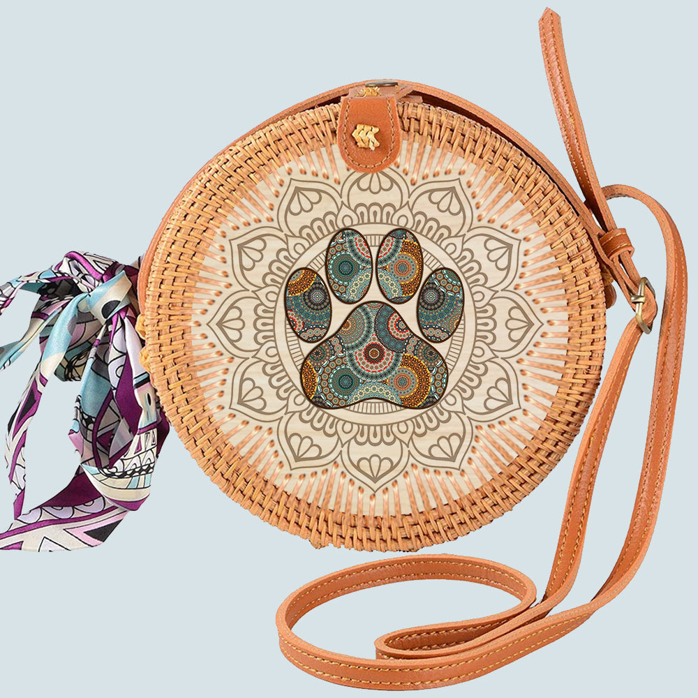 89Customized Dog foot print mandala rattan straw bag