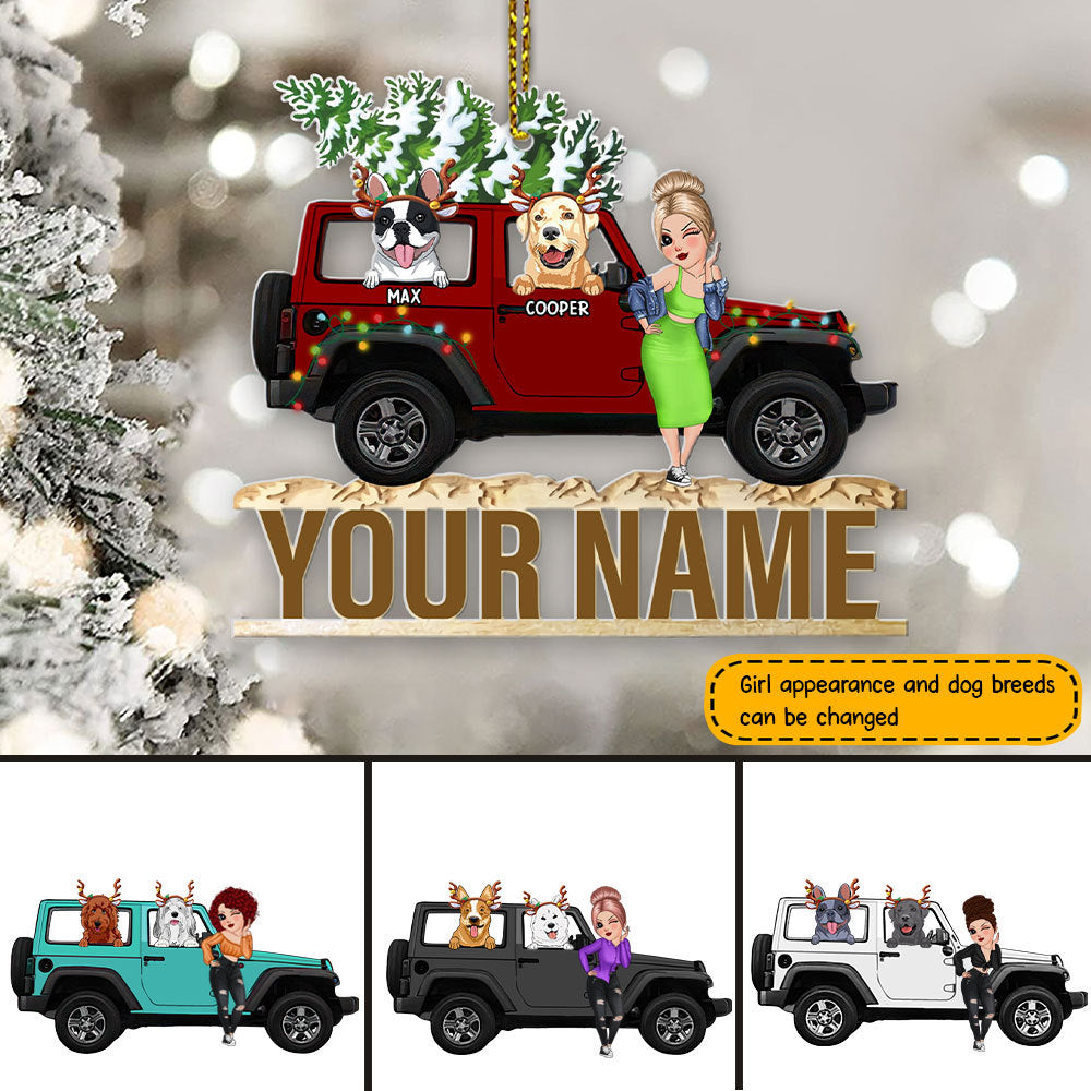 89Customized Christmas Jeep girl and dog Customized Ornament