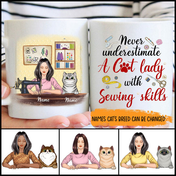 89Customized Never underestimate a cat lady with sewing skills young lady Personalized Mug