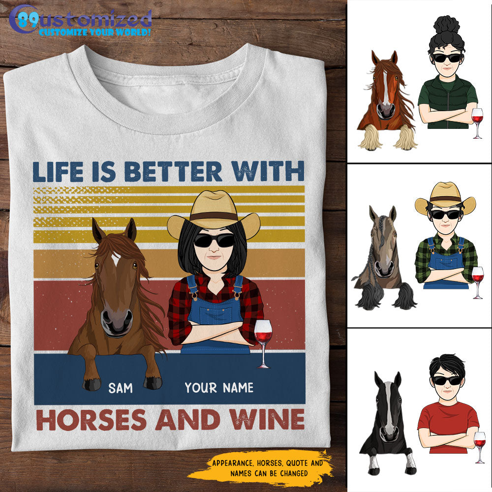 89Customized I Like Horses And Wine And Maybe 3 People Woman Personalized Shirt