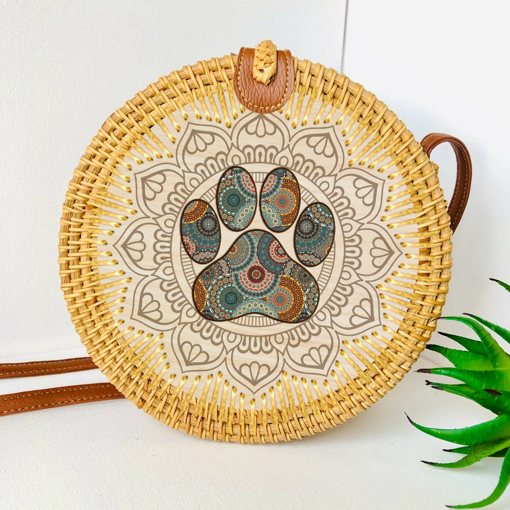 89Customized Dog foot print mandala rattan straw bag