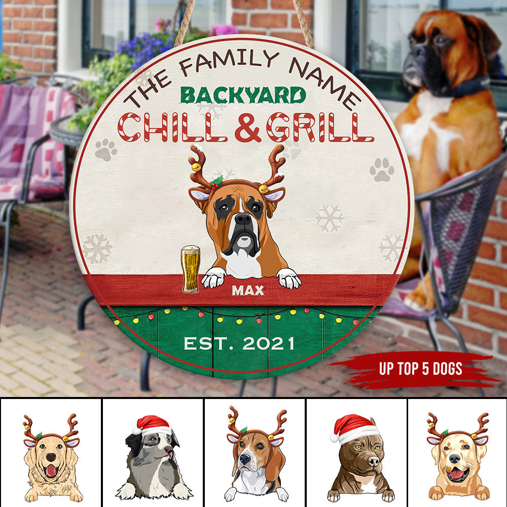 89Customized Backyard Bark & Grill Christmas Dogs Personalized Wood Sign