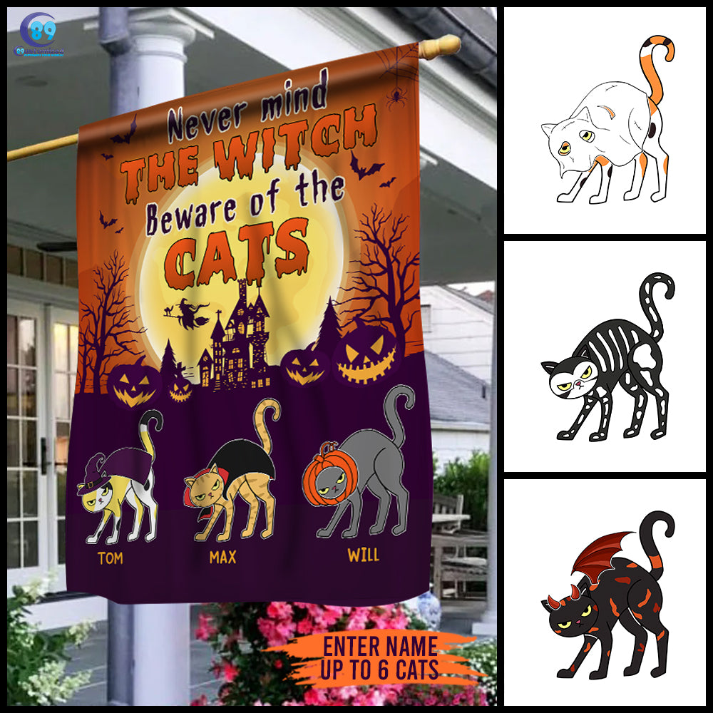 89Customized Never mind the Witch Beware of the cats Halloween Personalized Garden Flag