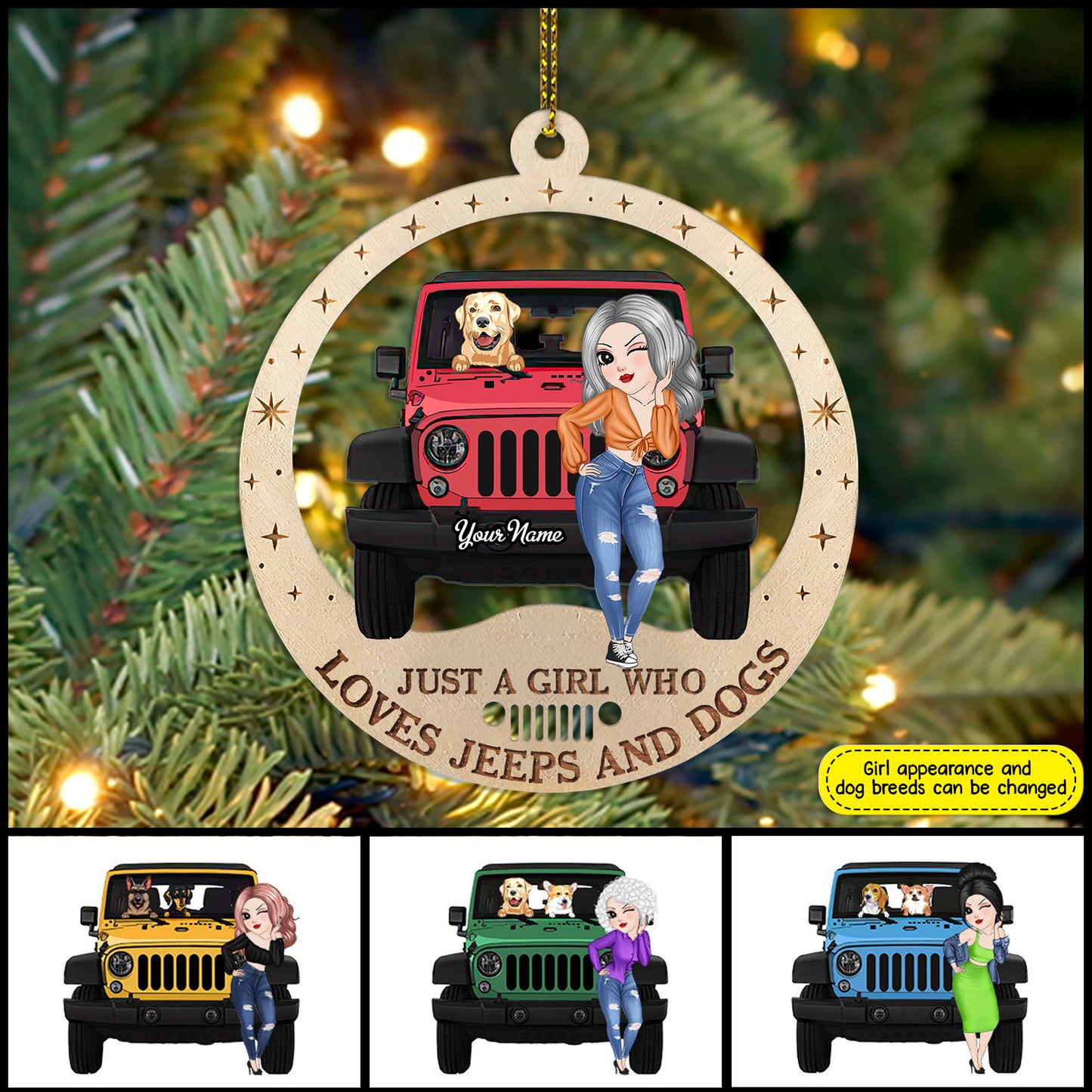 89Customized Jeep girl and dogs Customized Ornament