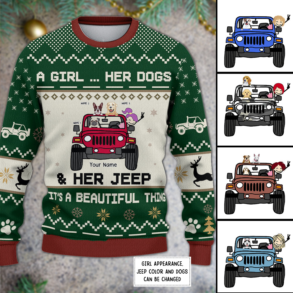 89Customized A girl her dogs & her jeep it's a beautiful thing 3 Customized Ugly Sweater